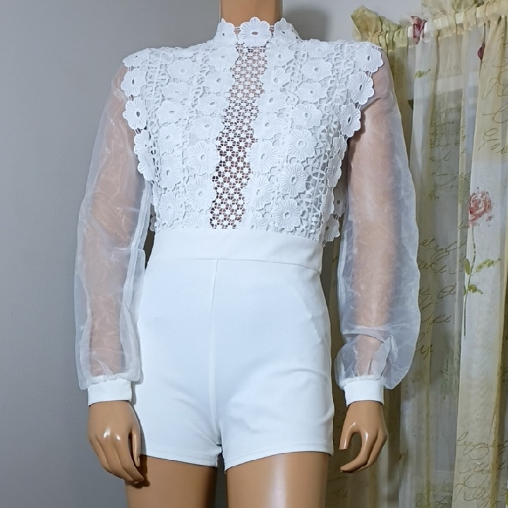 Kaylee  Collection White Lace Bodysuit with Sheer Sleeves